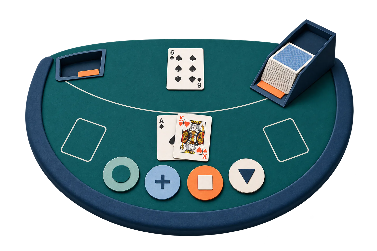 Illustrert blackjackbord med natural blackjack, dealerens åpne kort og fire valgsymboler