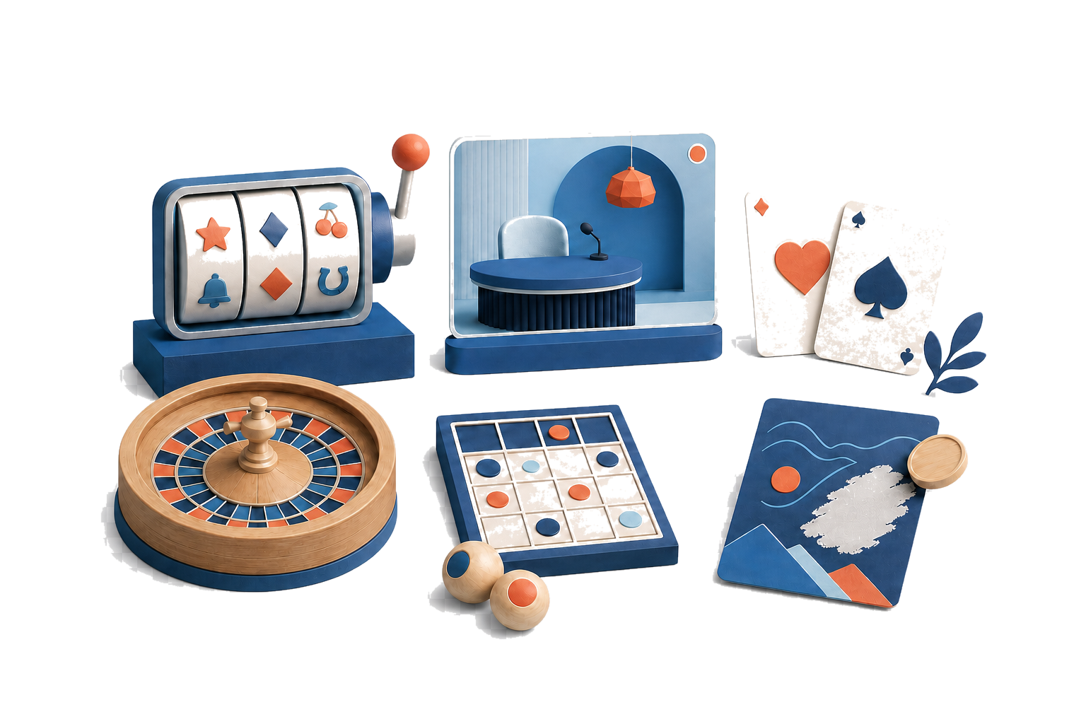 Illustrasjon av spilleautomater, live casino, kortspill, rulett, bingo og skrapelodd