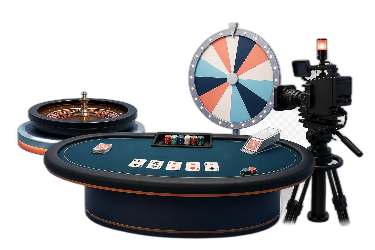 Live casino-studio med dealerbord, kort, rulett- og gameshowhjul samt et studiokamera