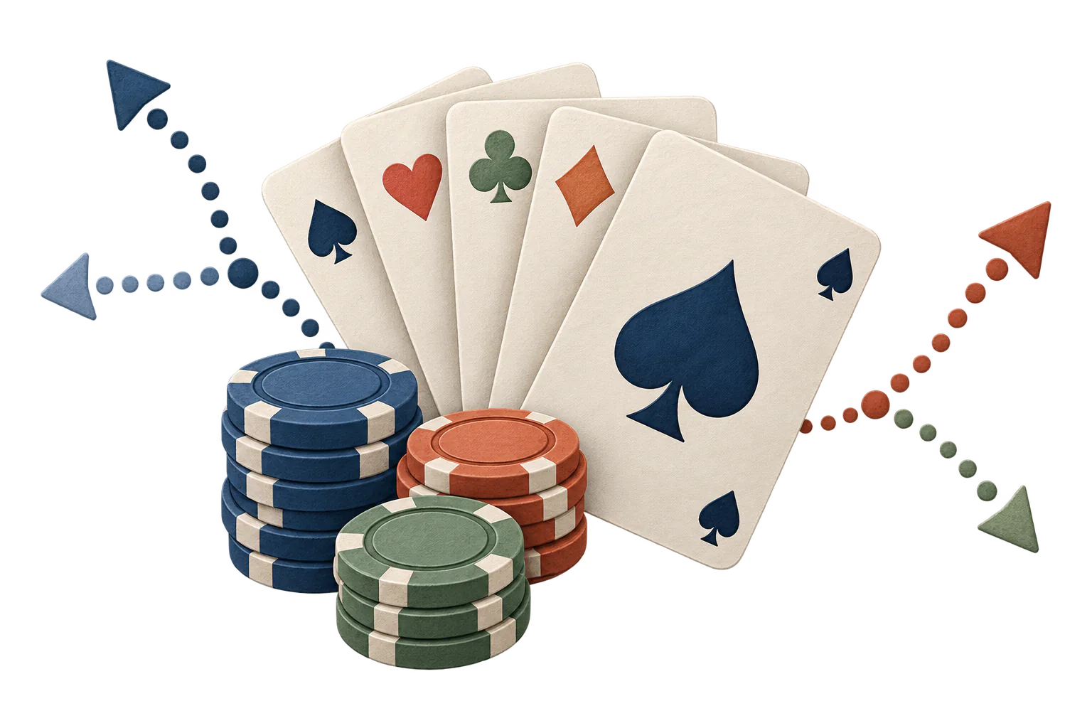 Illustrasjon av pokerkort, sjetonger og forgreinede valg gjennom en pokerhånd