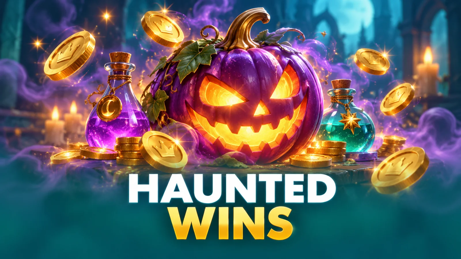 Illustrasjon av et lysende gresskar, eliksirflasker og gylne premier til Haunted Wins