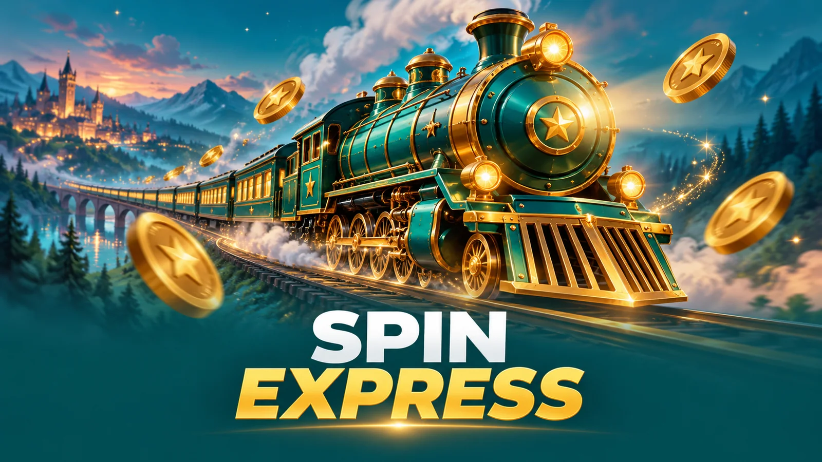 Illustrasjon av et turkis og gyllent ekspresstog til Spin Express