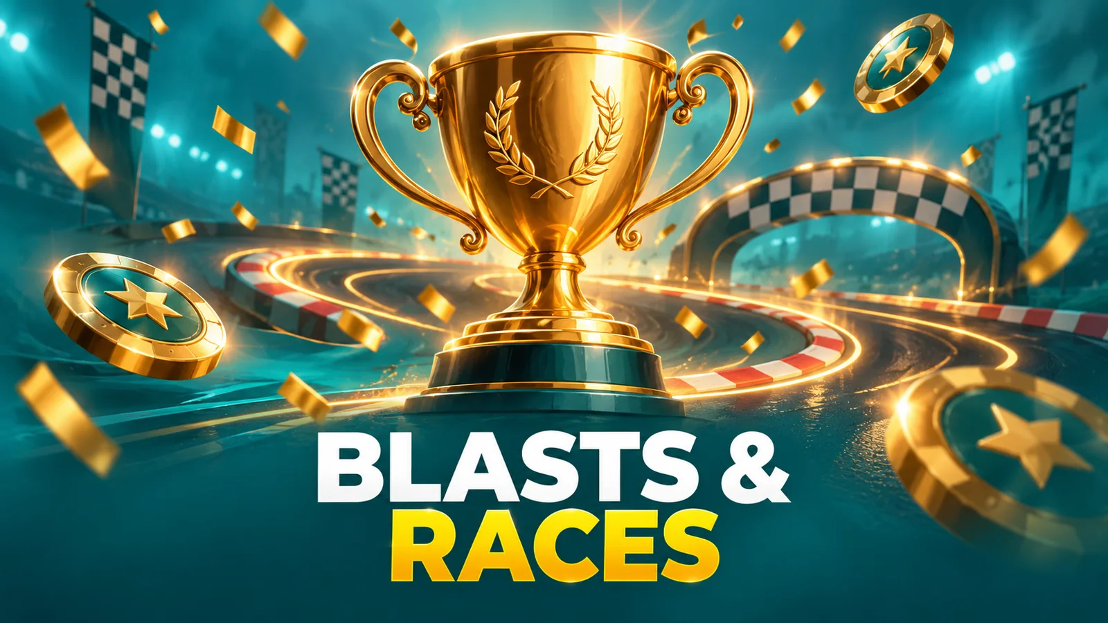 Illustrasjon av et gulltrofé, en racerbane og konfetti til BLASTS & RACES