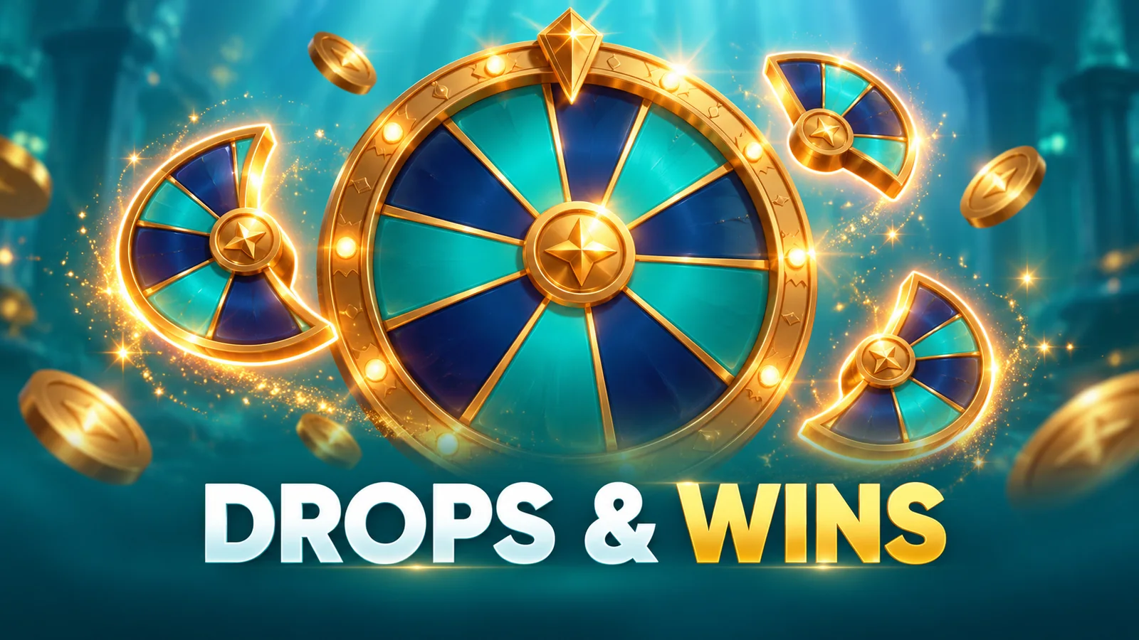 Illustrasjon av et turkis og gyllent premiehjul til Drops & Wins