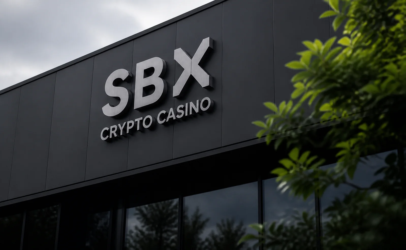 Redaksjonell illustrasjon av en mørk fasade med skiltet SBX Crypto Casino