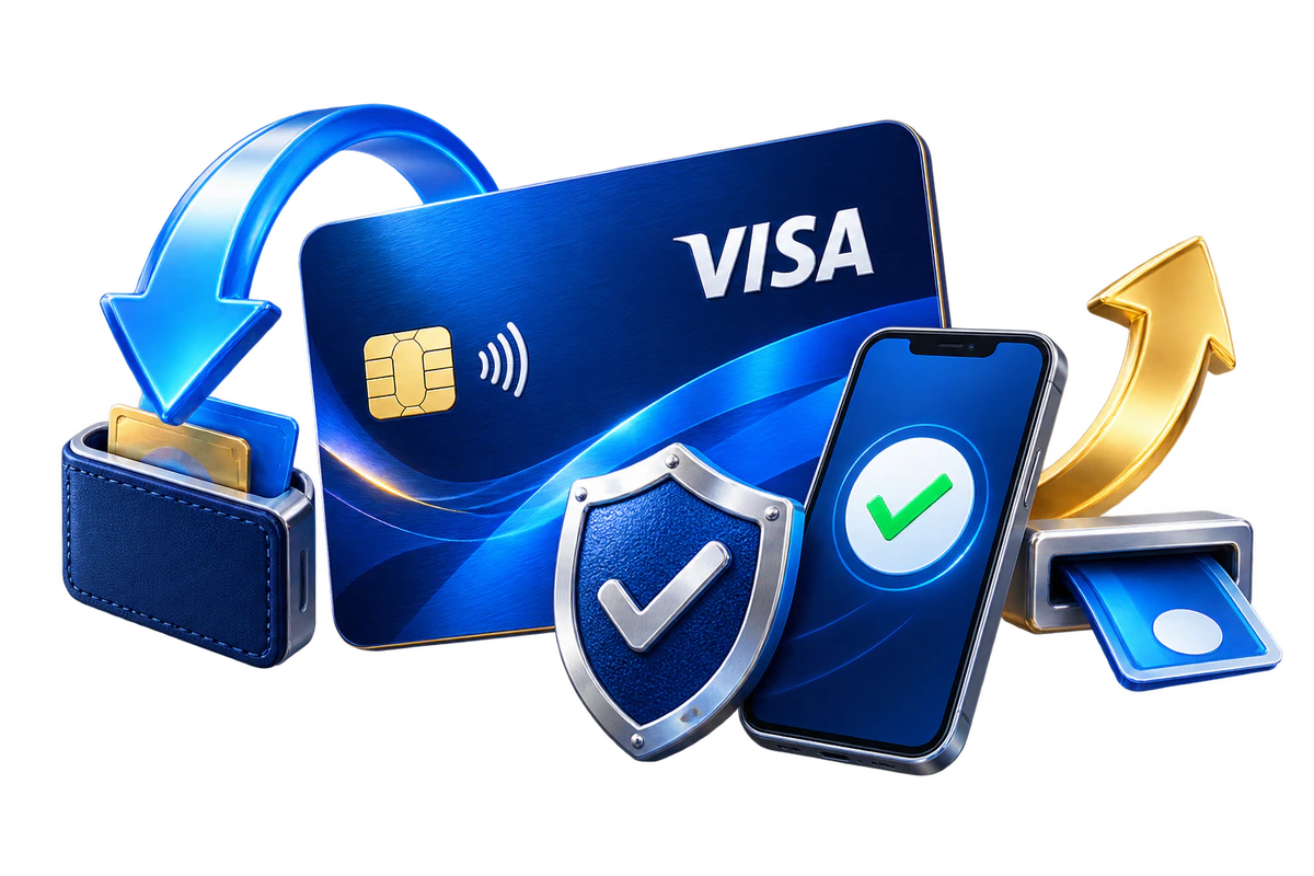 Illustrasjon av VISA-kort, betalingsgodkjenning og sikkerhet