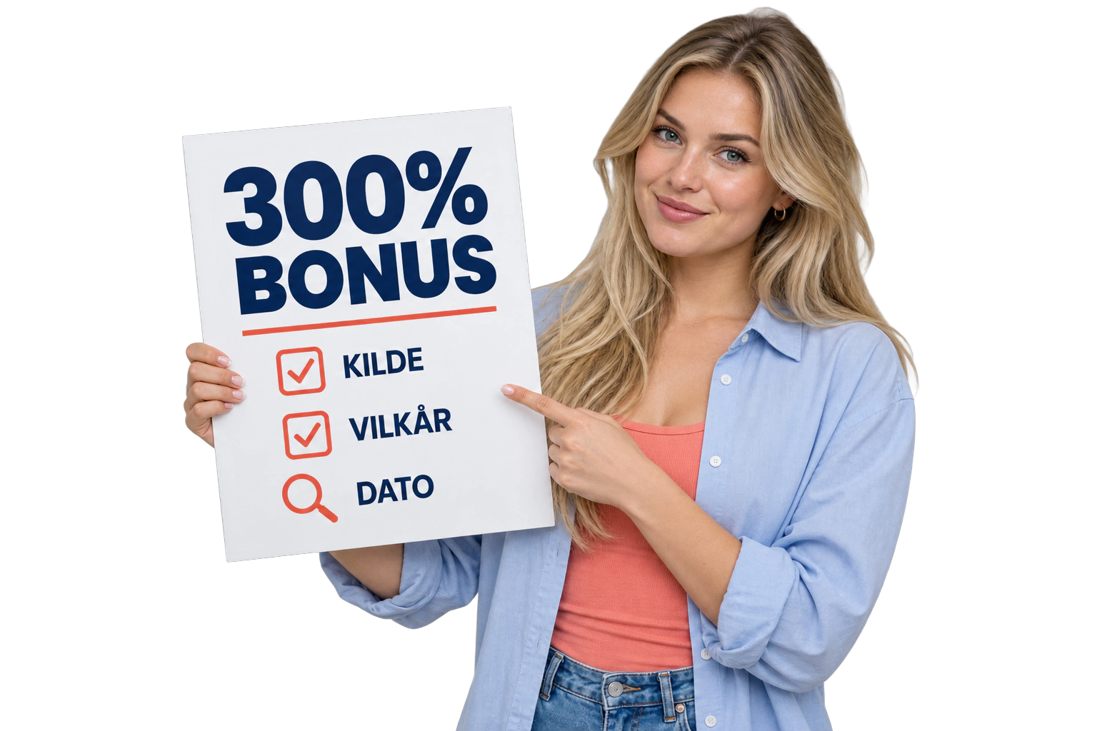 Kvinne som kontrollerer kilde, vilkår og dato for en 300 prosent bonus