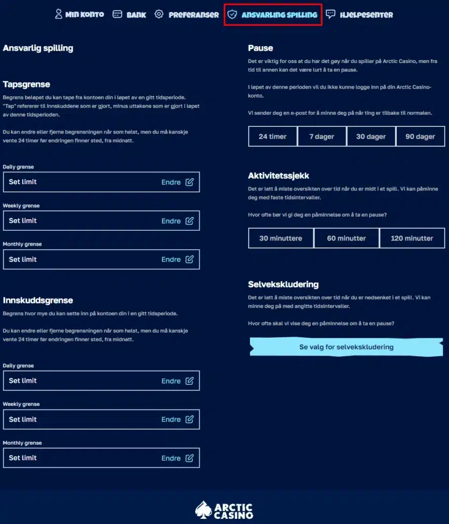 Ansvarlig spill hos Arctic Casino