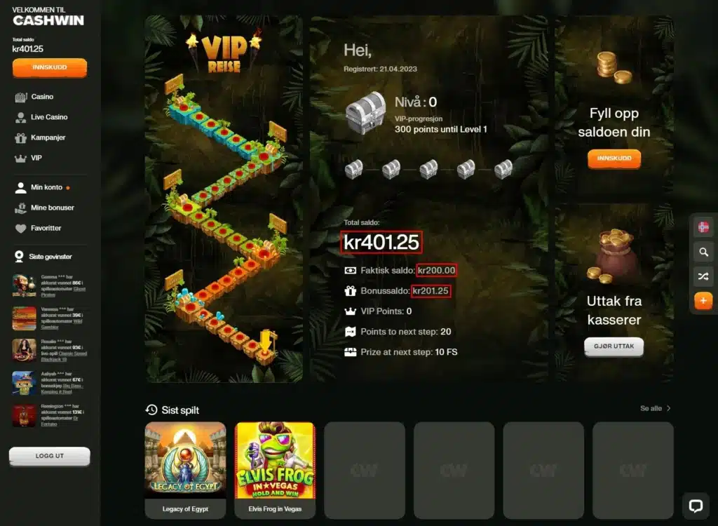  Cashwin Casino Gebyrfrie VISA innskudd velykket 
