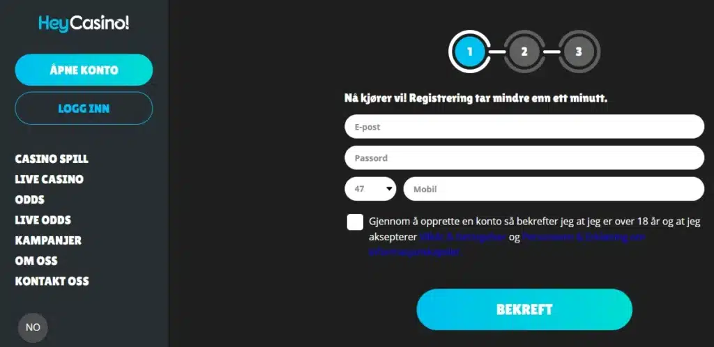 Registrer spillekonto hos Hey Casino