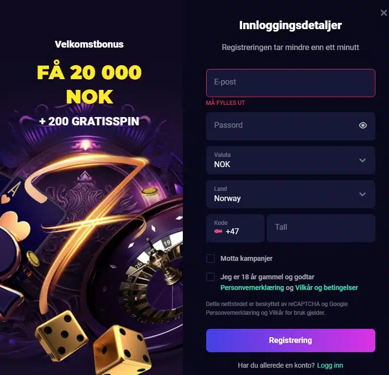 Registrer spillekonto hos Lucky7 Casino