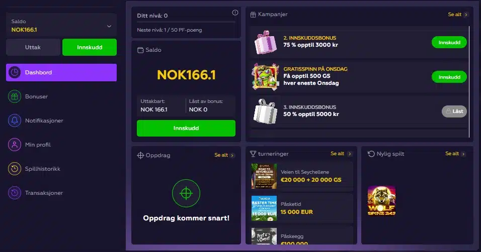 Playfina Casino "totaloversikt over bonuser, notifikasjoner, profilinformasjon, spillhistorikk og transaksjoner".