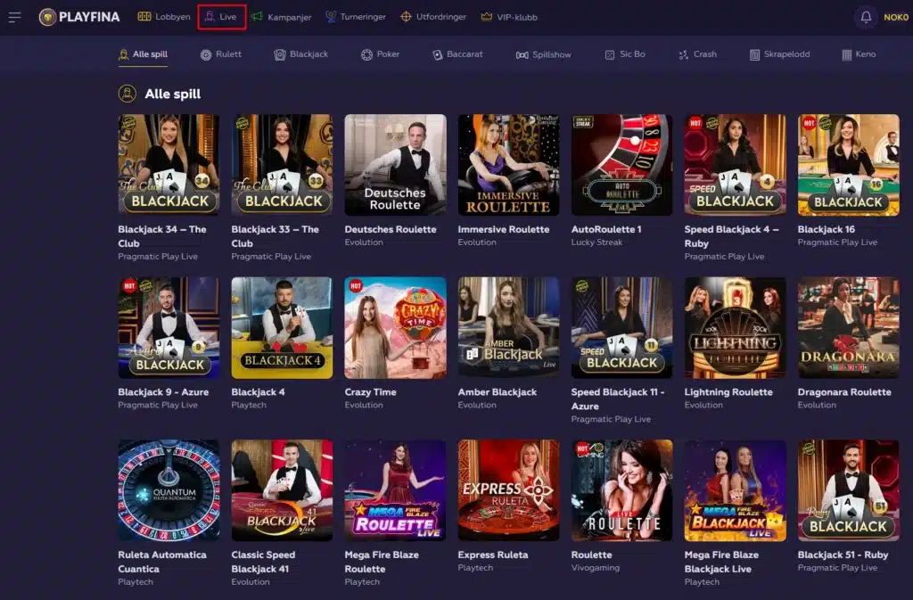 Live Casino og Bordspill hos Playfina Casino