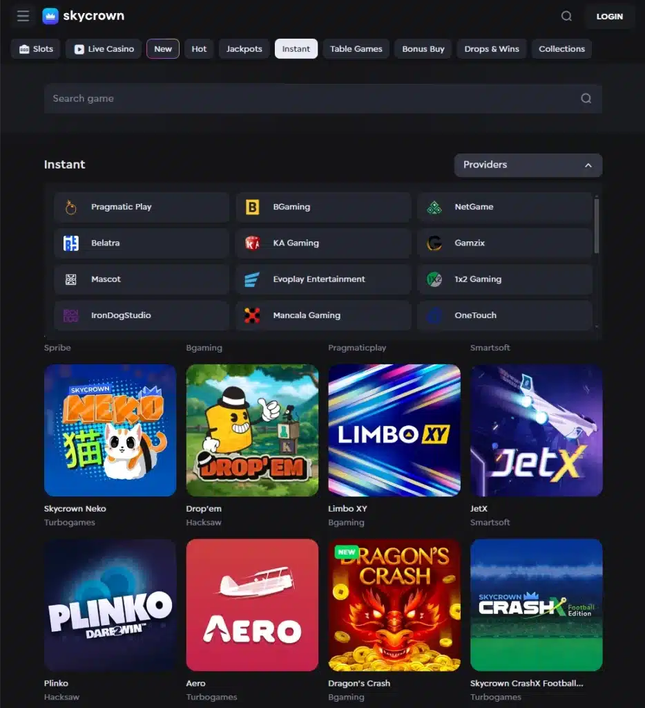 SkyCrown Casino Instant Win Spill Lobby