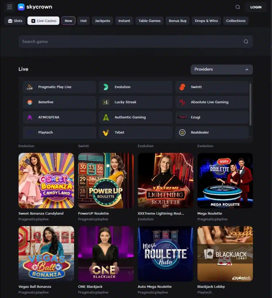 SkyCrown Live Casino Lobby