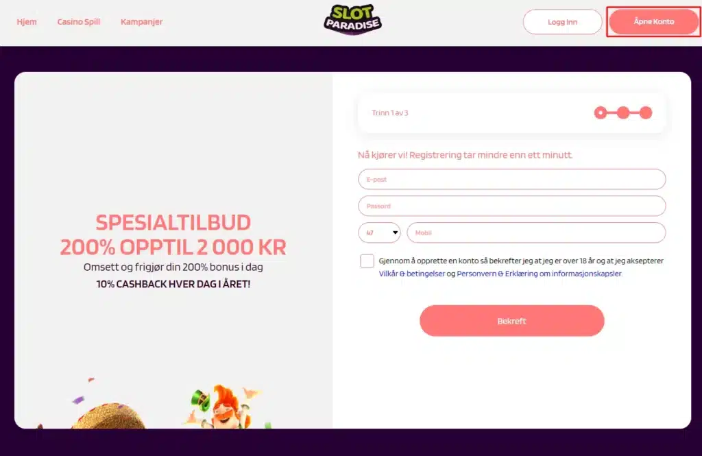Enkel registrering "Slot Paradise Casino gjør det enkelt"