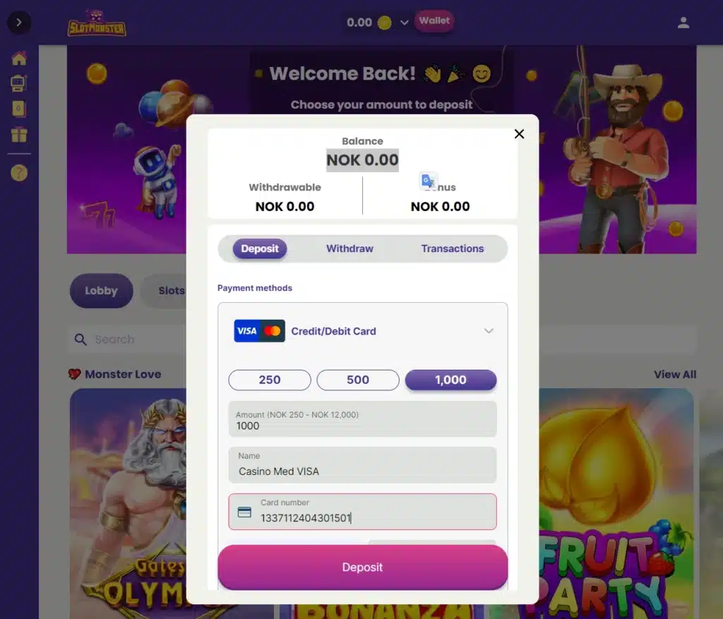Slotmonster Casino Innskudd med VISA 1285x1100 1
