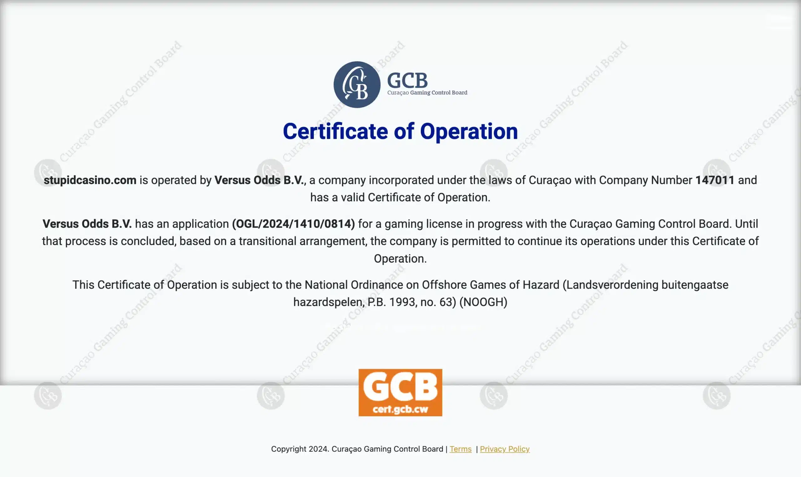 Versus Stupid Casino Curacao Gaming Control Board Online Gaming Certificate cert.gcb .cw scaled