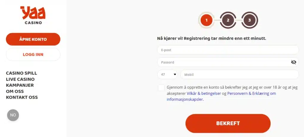 Yaa Casino registrer ny spillekonto
