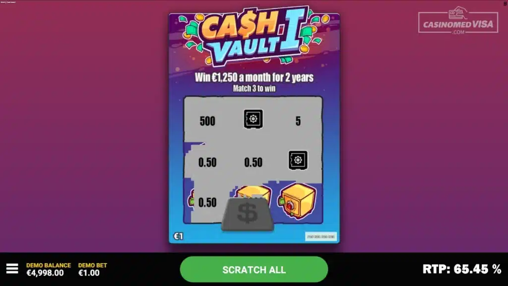 Cash Vault 1 skrapelodd - 1.25KYY RTP 65.45 - Hacksaw Gaming