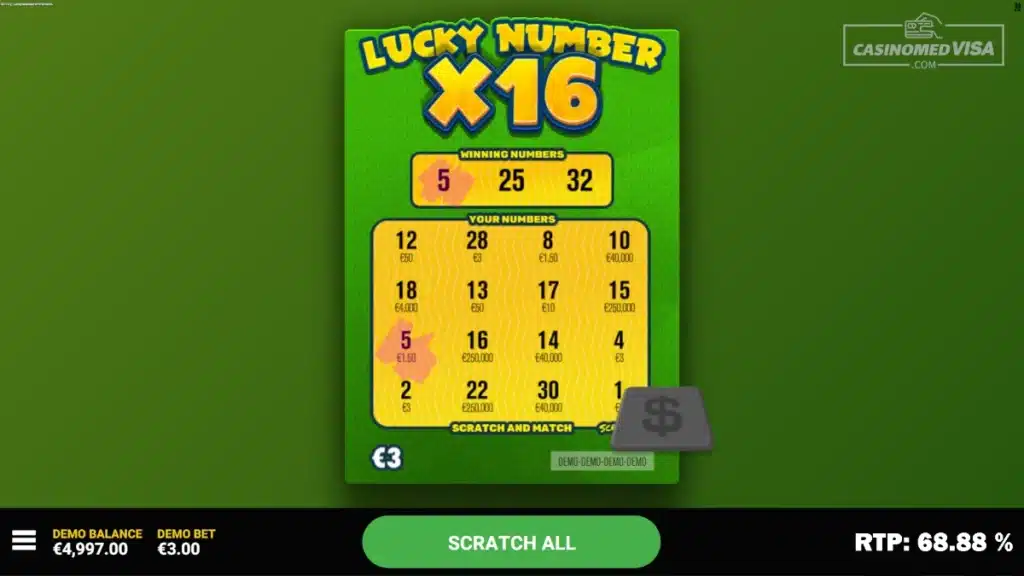 Lucky Number 16 skrapelodd - 250K RTP 68.88 - Hacksaw Gaming