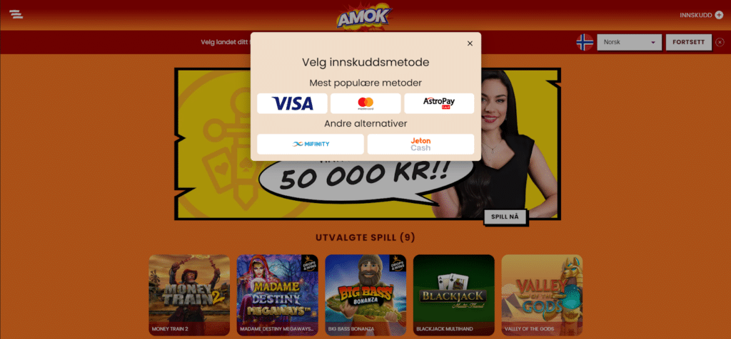Amok Casino Innskudd med Visa