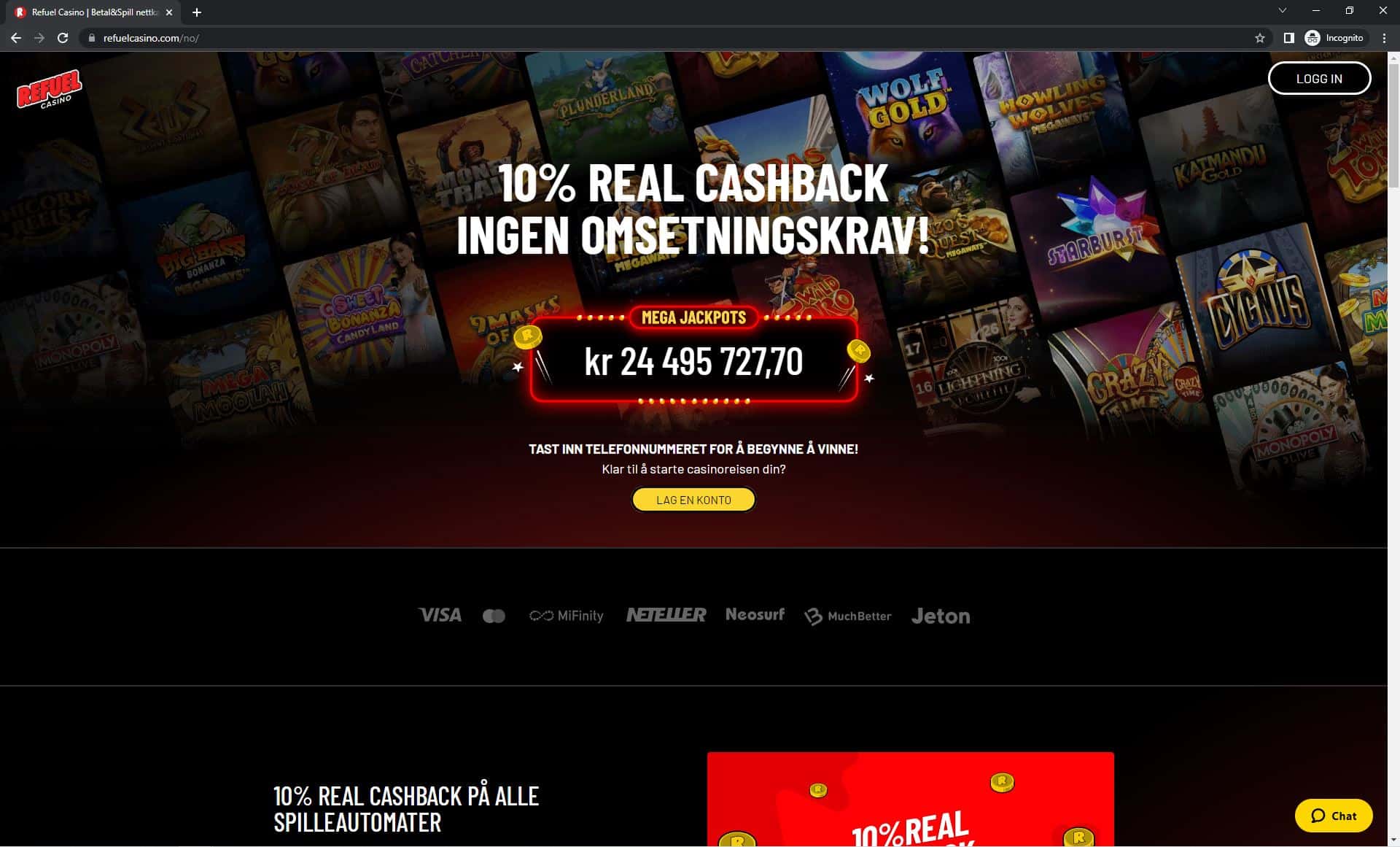 Skjermdump som viser hvordan Refuel Casino ser ut på datamaskin