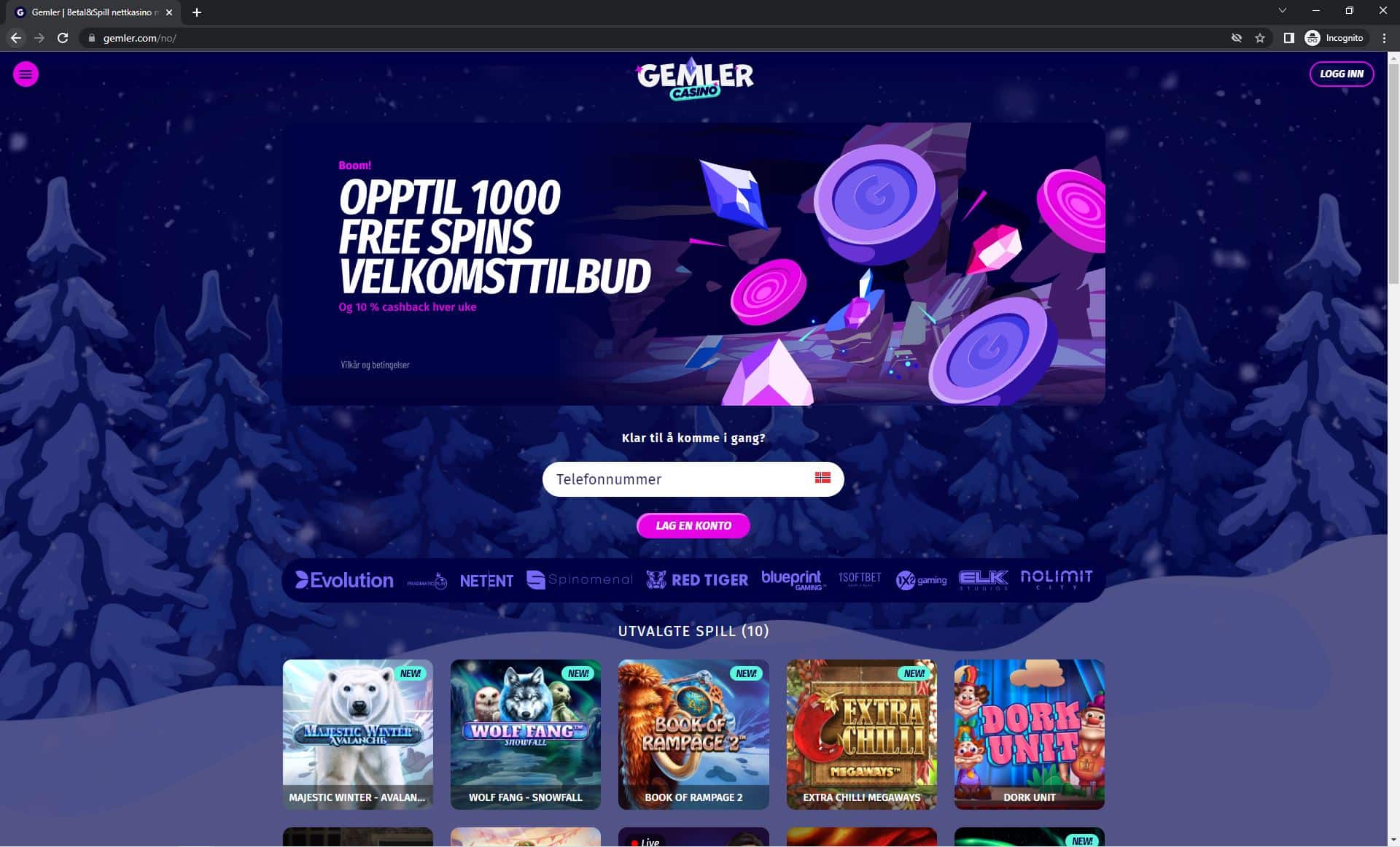Skjermdump som viser hvordan Gemler Casino ser ut på datamaskin