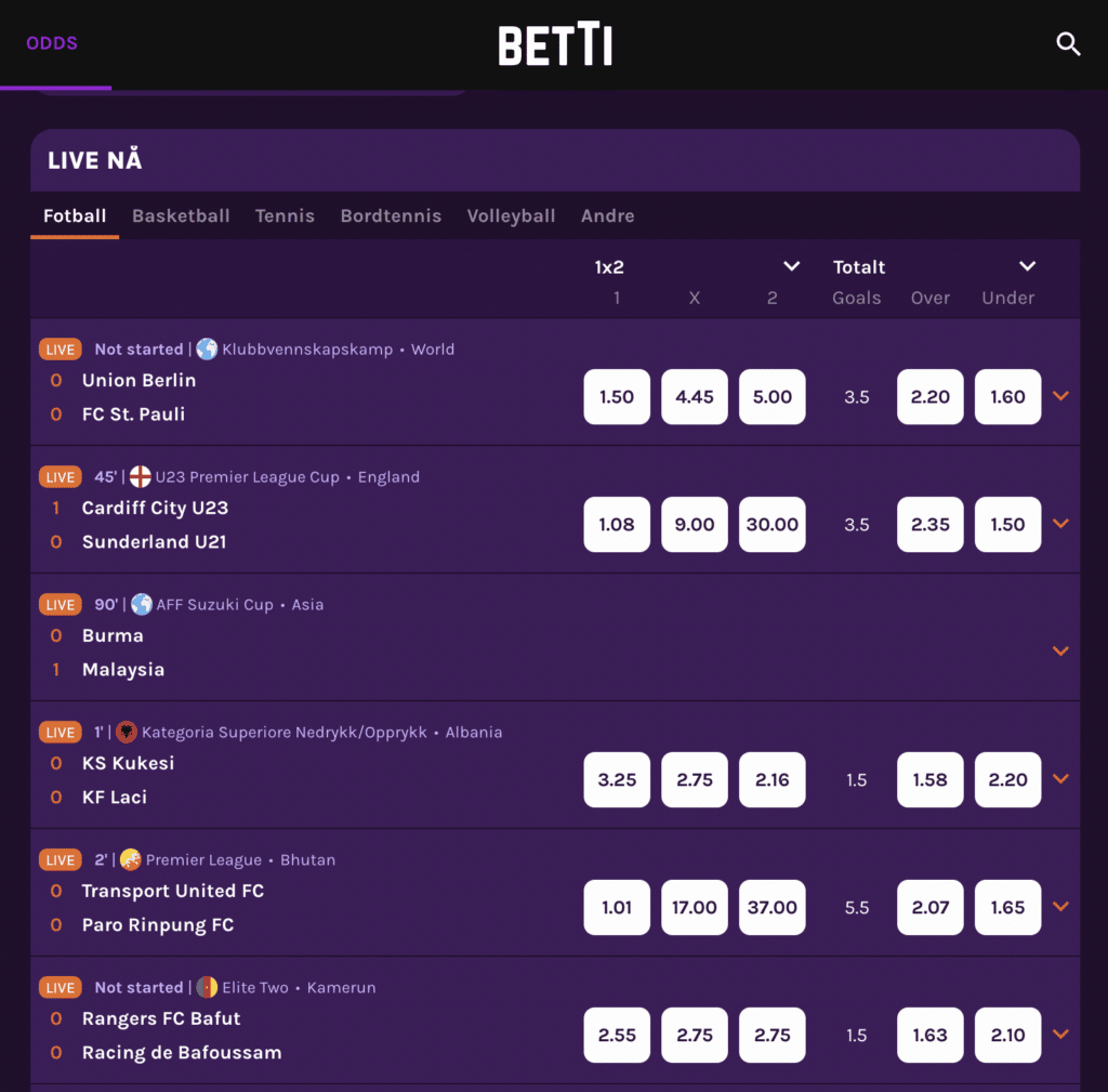 Betti Casino Live Betting på oddsen