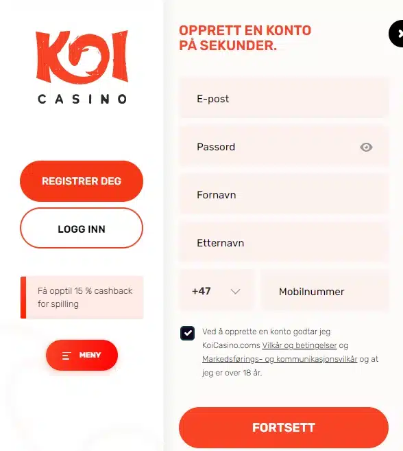Registrer konto raskt og enkelt Koi Casino