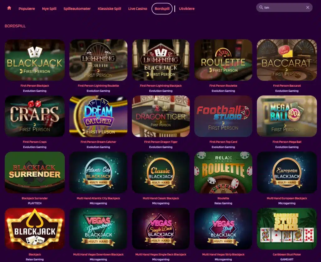 Slot Paradise Casino variert utvalg av bordspill for norske spillere