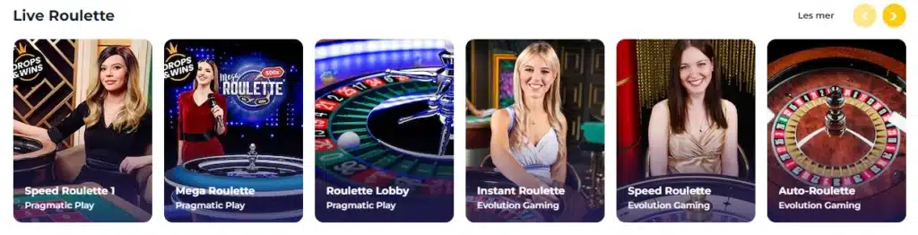 Live Roulette spillutvalg hos Doggo Casino