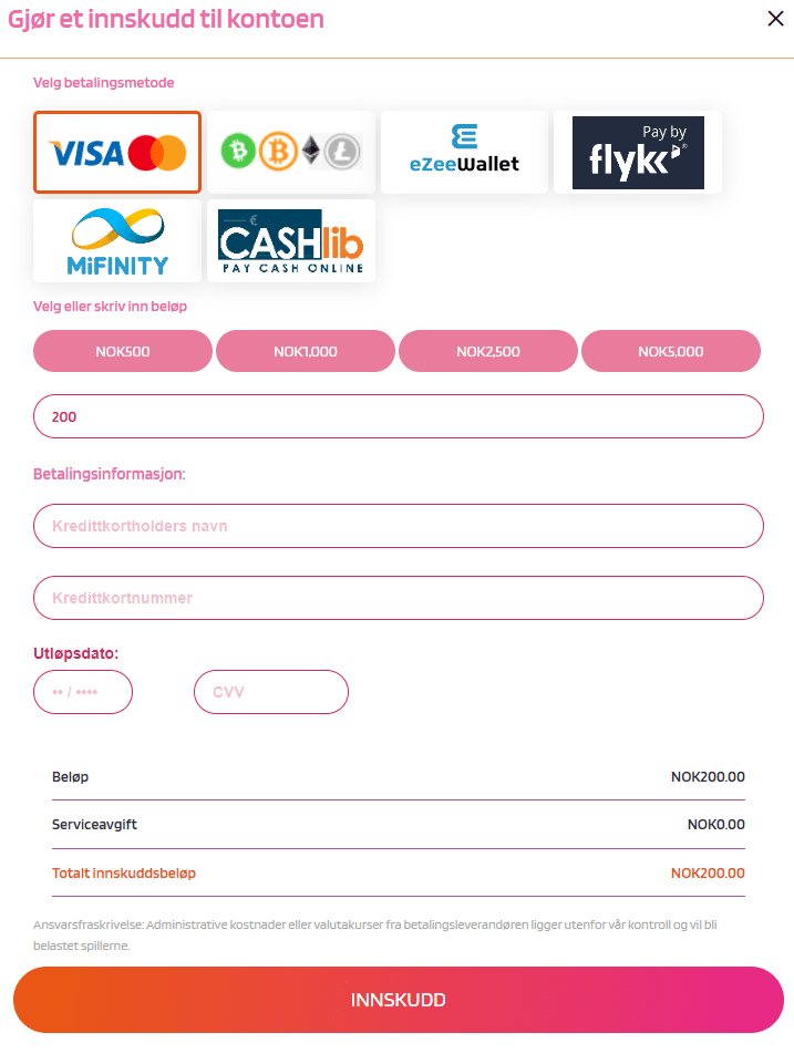 VISA Innskudd med norsk bankkort hos HappySpins Casino