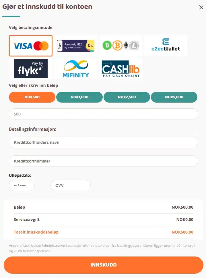 VISA - Innskudd med norsk bankkort hos Moi Casino