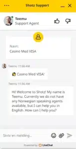 Shotz Casino Live chat Support