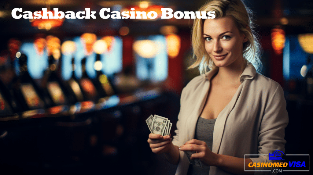 Woman holding cashback money in a casino cmv text