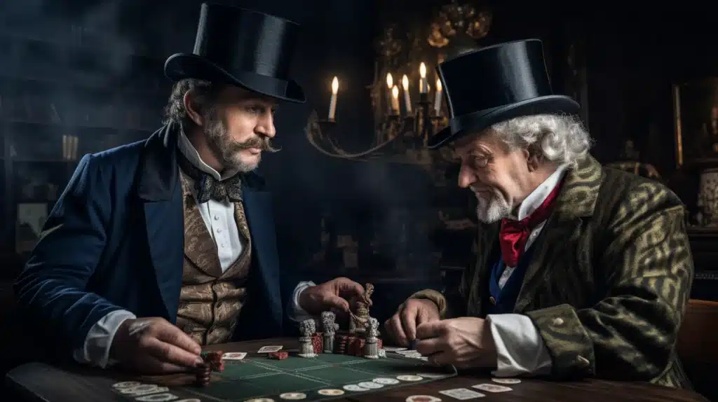 European gentlemen in top hats playing blackjackin 17th century