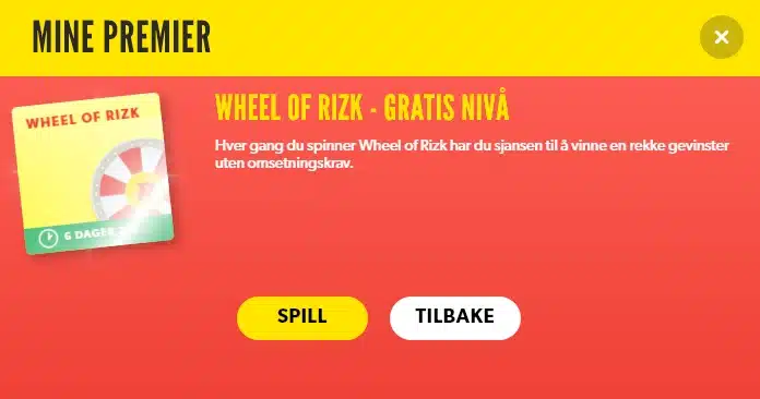 Når du har registrert deg, gå til "Premier"-siden. Her kan du snurre ditt første Wheel of Rizk-spinn på et spesielt gratisnivå.