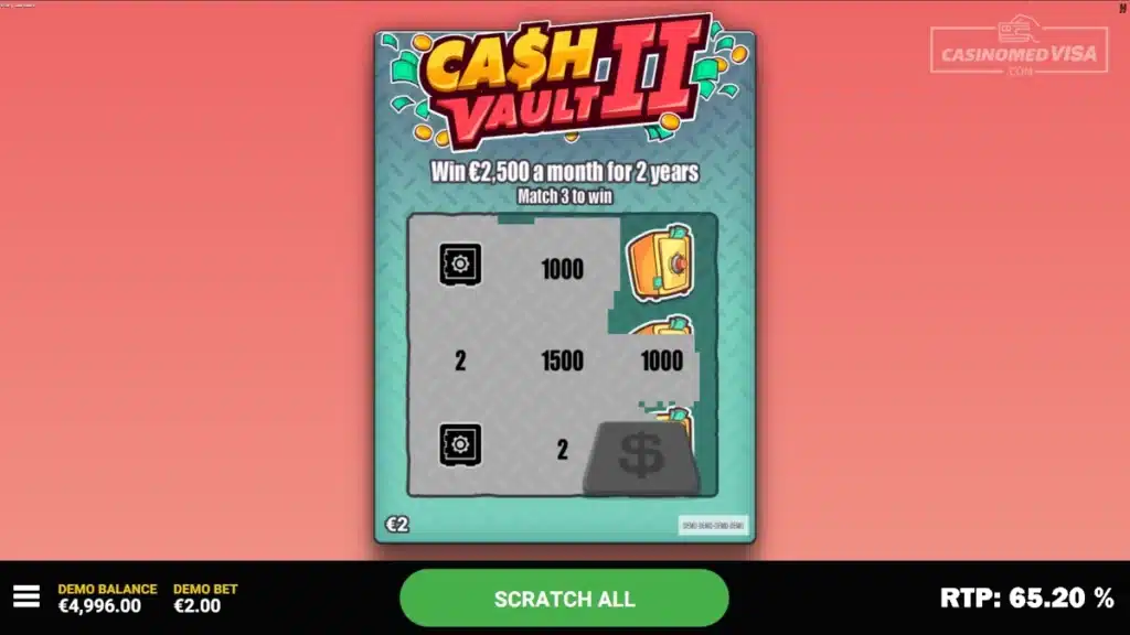 Cash Vault 2 skrapelodd - 2.5KYY RTP 65.20 - Hacksaw Gaming