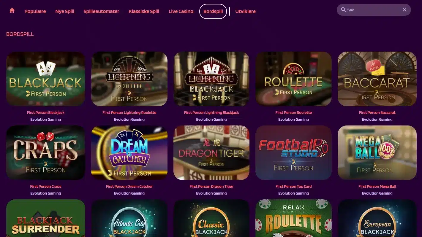 Slot Paradise Casino variert utvalg av bordspill for norske spillere