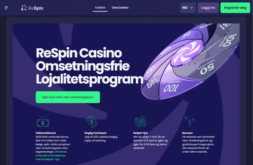 ReSpin Casino Lojalitetsprogram uten omsetningskrav med VISA