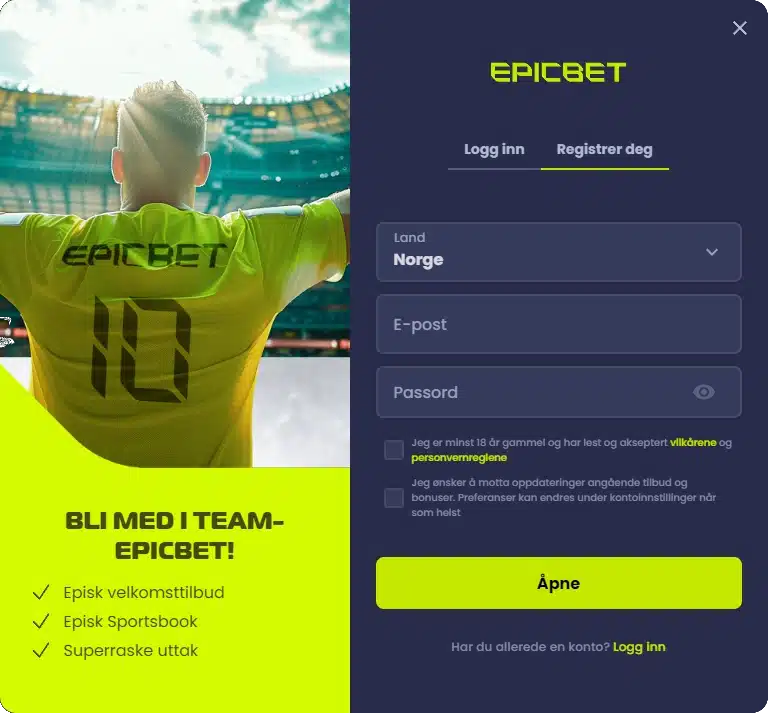 EpicBet.com Registrer en spillkonto