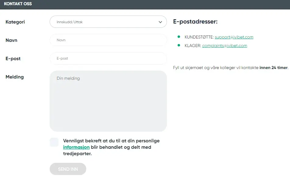 ivibet kundeservice skjema