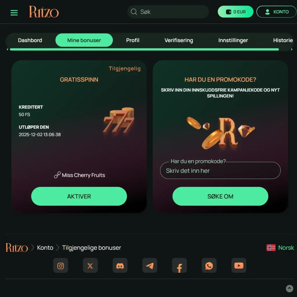 Ritzo Casino Registrerings Bonus Aktiv
