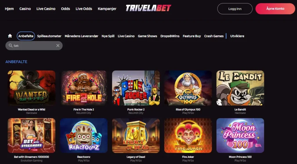 trivelabet casinospill lobby