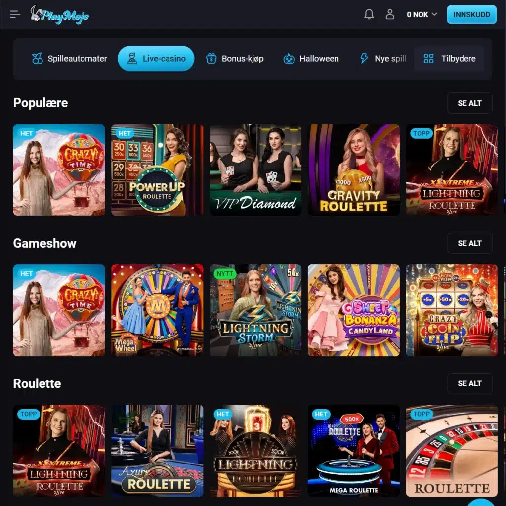 PlayMojo Casino Live casino