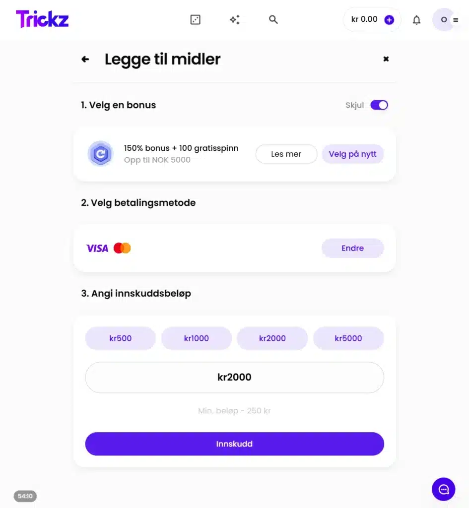 Trickz Casino Innskudd med VISA