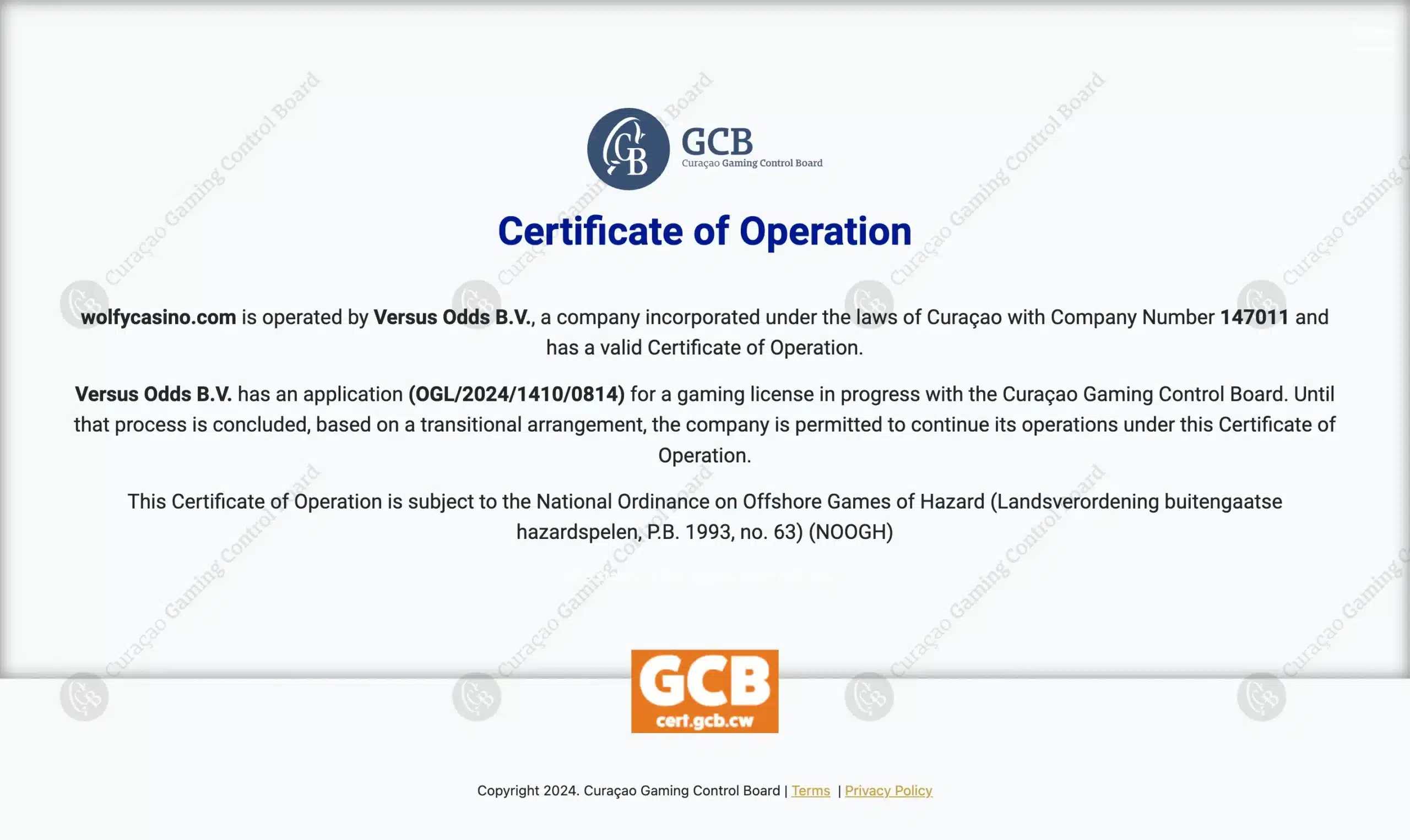 Versus Wolfy Casino Curacao Gaming Control Board Online Gaming Certificate cert.gcb .cw scaled