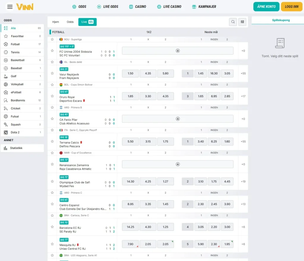 Vinn Casino Odds Live betting