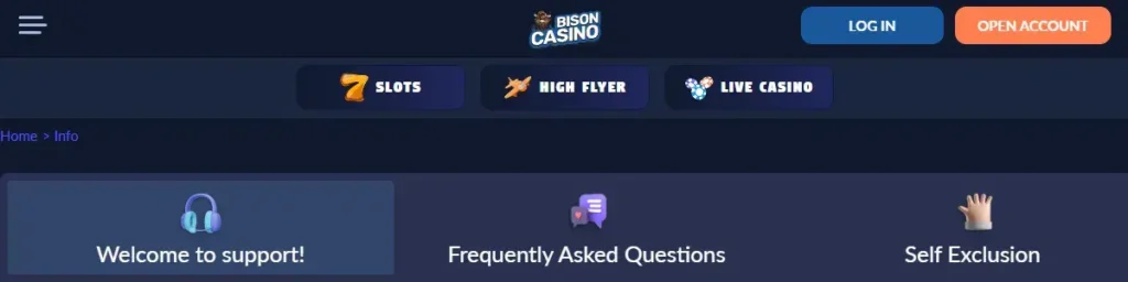 Bison Casino Support og FAQ